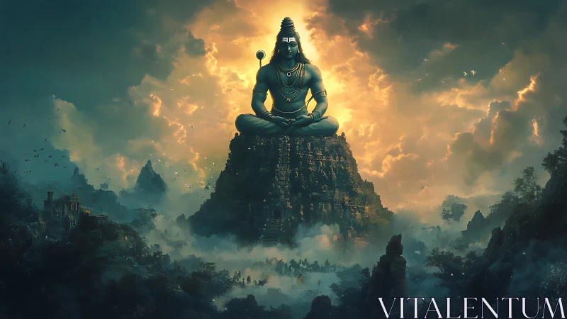 Colossal meditative deity towers above mist-laden mountainous valley