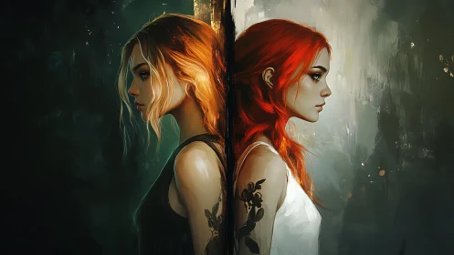 Mirrored destinies of two women divided by glowing line.