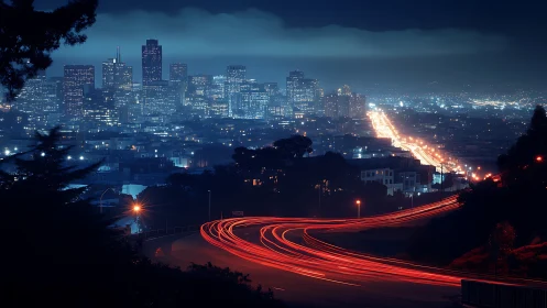 Night city skyline with bright light trails in foreground.