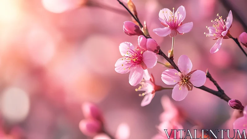 Cherry Blossoms Dance: Delicate Pink Petals in Soft Sunlight.