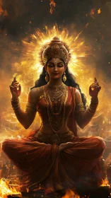 Radiant fireborne goddess in levitating meditative asana form.