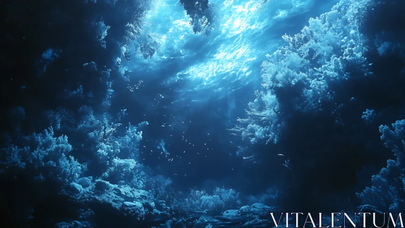 Luminous subaquatic canyon with volumetric caustic lighting.