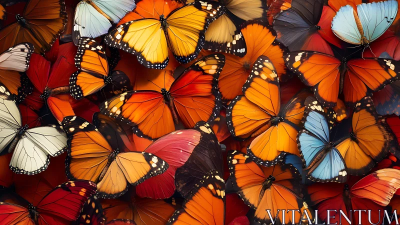 Clustered multicolored butterflies with overlapping wings.