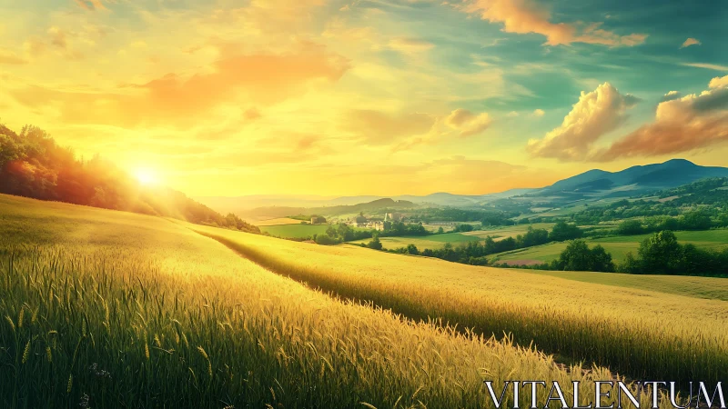 Golden countryside sunrise over rolling wheat fields.