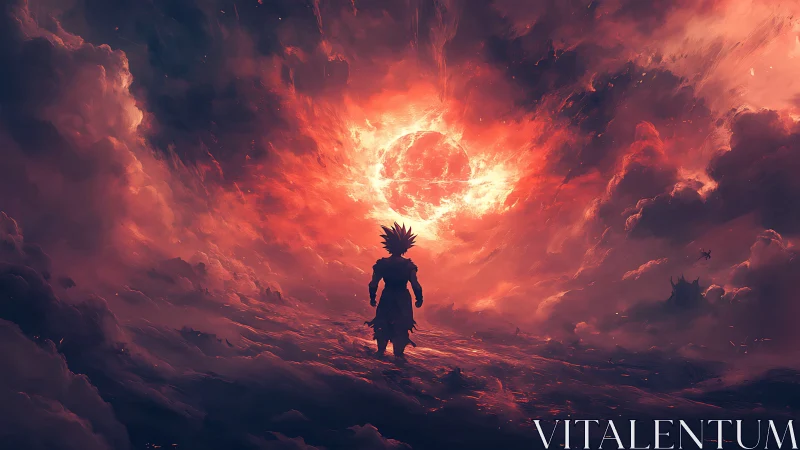 Flaming sky welcomes a lone warrior into a storm of light