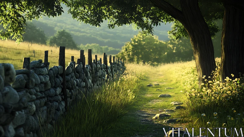Rural path beside stone wall in soft afternoon light.