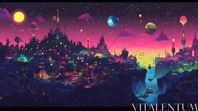 Neon dystopian canyon metropolis under dual planetary skyscape