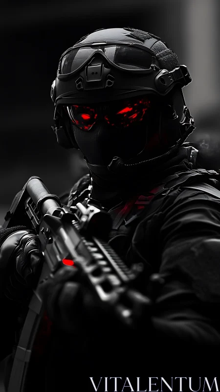 Red-eyed shadow commando locking aim in neon gloom.