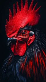 Vibrant Red Rooster Portrait with Textured Feathers.