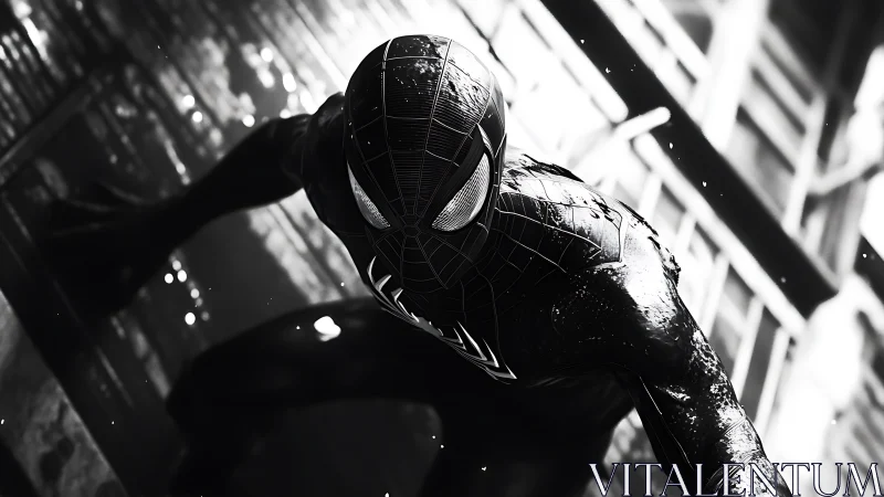 Black-suited masked figure crouches on wet urban surface