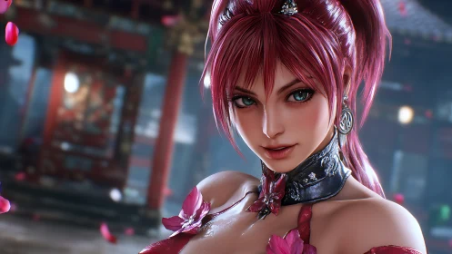 Rendered female character stands before blurred temple structure