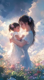 Mother and child embrace amid glowing clouds and flowers.