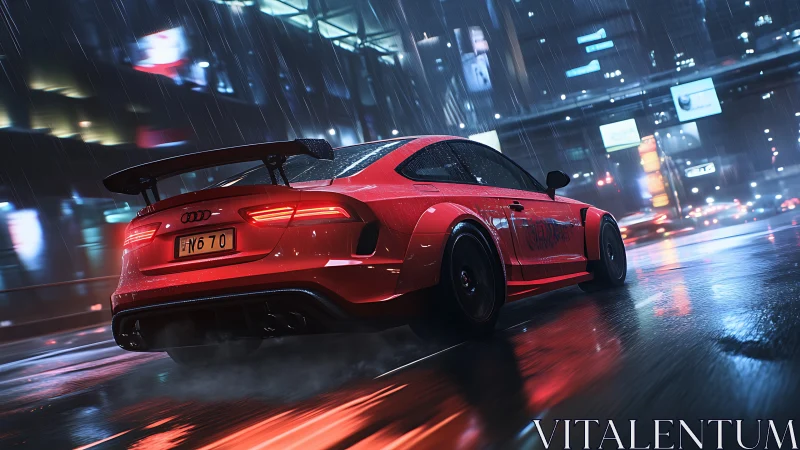 Red sports coupe on wet urban street at night in rain.