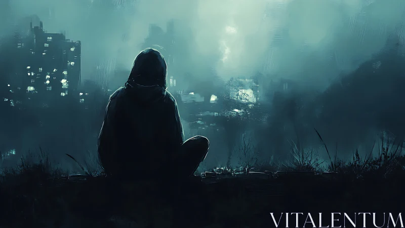 Hooded figure overlooking misty city at nightfall.
