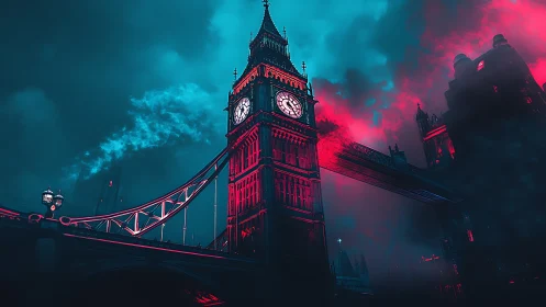 Neo-noir clock tower skyline rendered in cyan-magenta contrast