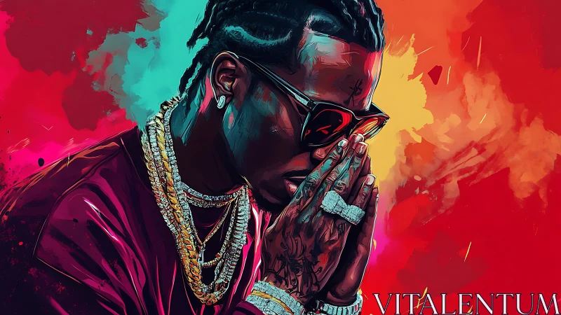 Vibrant hip-hop portrait with neon gradients and jewelry detail.