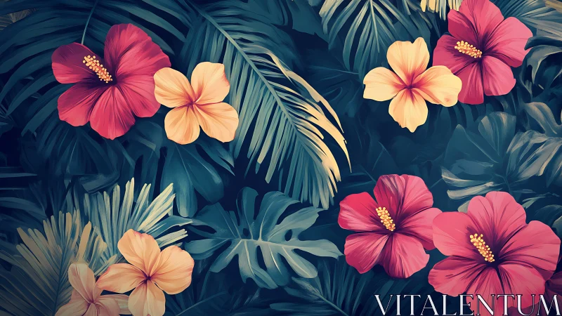 Tropical Blooms Dance Among Lush Emerald Foliage