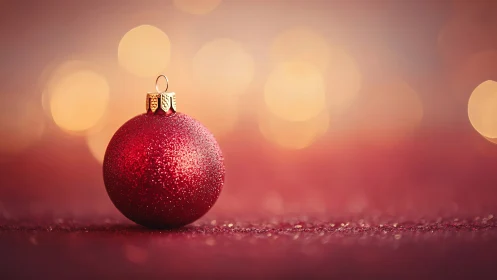 Red Christmas bauble glows against soft golden bokeh.