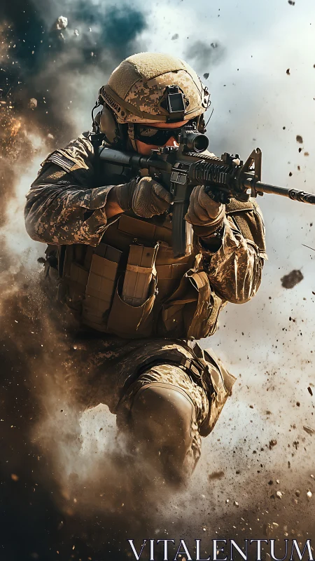 Modern infantry rifleman advancing through battlefield detonation