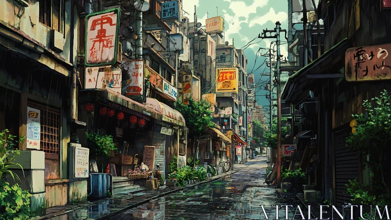 Narrow urban alley shows wet pavement and dense signage