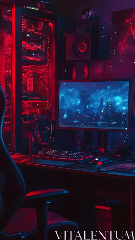 Cozy neon gaming setup glowing in deep red and blue light.