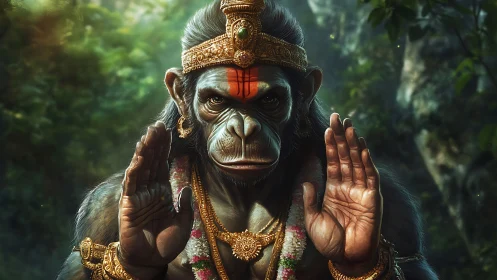 Regal monkey deity portrait with raised hands in forest.