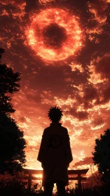 Backlit anime silhouette observes fiery circular anomaly in sky