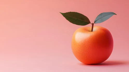 Realistic orange apple with green leaves on pink gradient background.