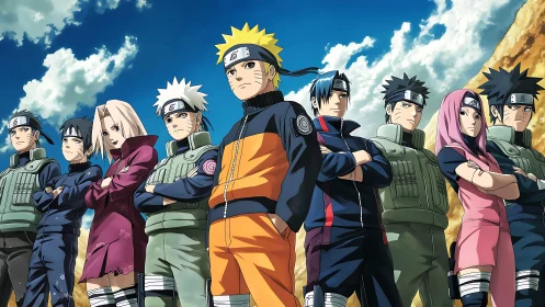 Naruto ninja squad stands united beneath drifting clouds.