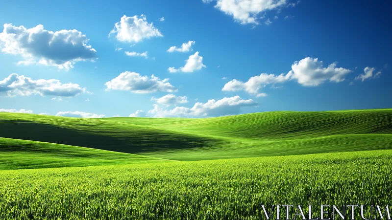 Grassy rolling hills under scattered cumulus clouds.