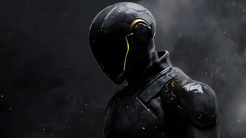 Black armored futuristic figure in dark atmospheric scene.