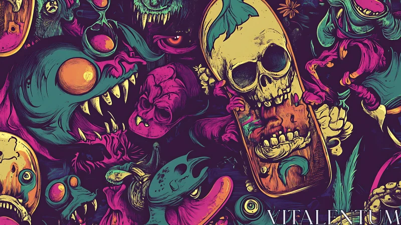 Neon nightmare parade of skateboarding skulls and grinning beasts.