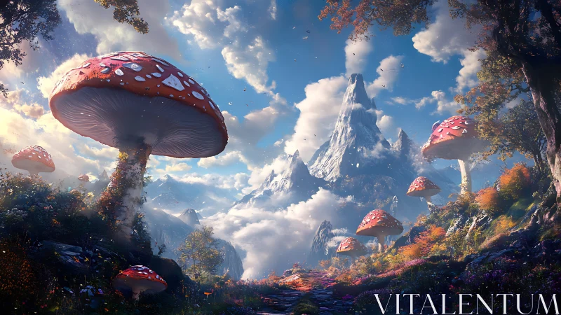 Giant red mushrooms in mountainous fantasy valley landscape.
