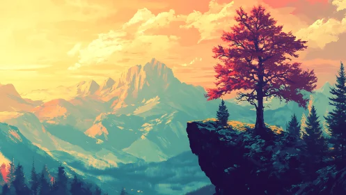 Solitary ember tree crowns a cliff above painted mountains