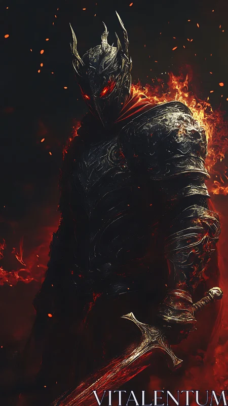 Ember-Crowned Dark Knight Standing Within Rising Flames.