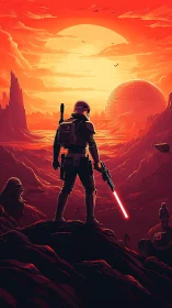 Armored trooper surveys lava canyon under colossal sun.