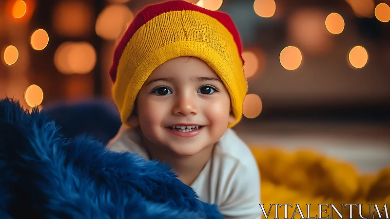 Young Child Wearing Yellow Knit Beanie Smiling with Warm Bokeh Background.