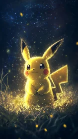 Softly glowing Pikachu lights up a dreamy starlit meadow