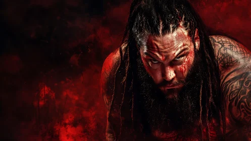 High-contrast bloody portrait of tattooed man in intense red haze