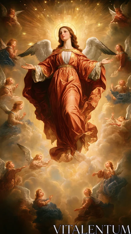 Central winged figure ascending among surrounding angels.