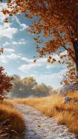 Golden meadow path curls quietly beneath an autumn sky