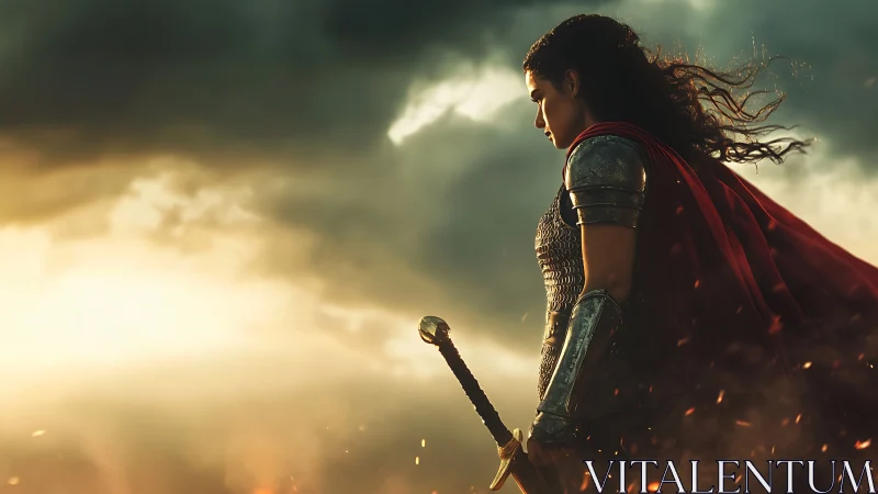 Warrior queen in scarlet cape before stormlit horizon.