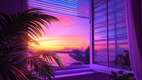 Window frames coastal sunset over water with interior plants