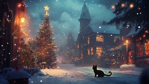 Snow-covered village street displays lit Christmas tree and cat