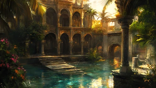 Sunlit courtyard pool beside weathered arched palace ruins.