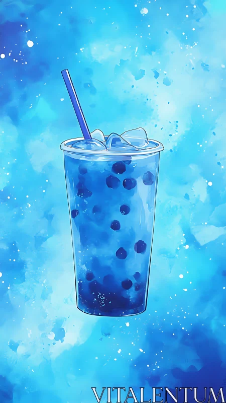 Icy blue bubble tea illustration on abstract splash background.
