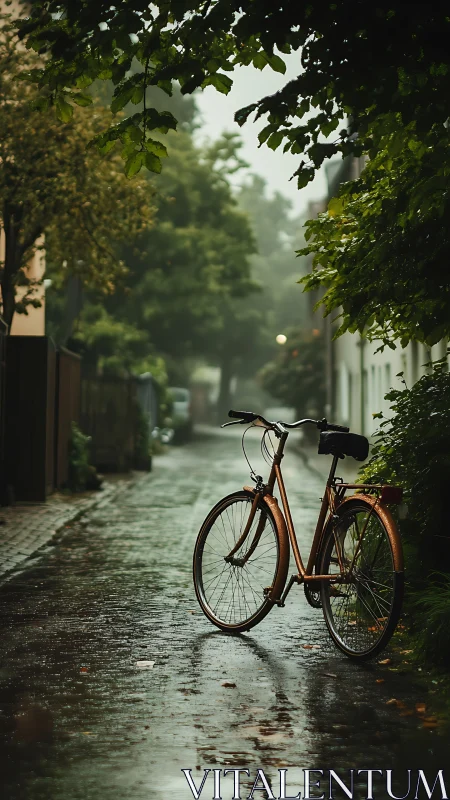 Vintage Bicycle Parked in Verdant Alleyway Under Canopy.
