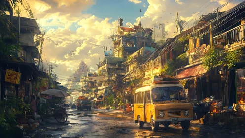 Digital painting of sunlit tropical street with layered markets.