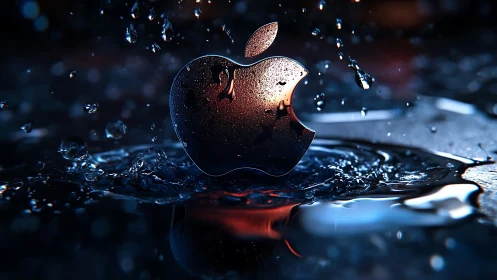Glossy metallic apple emblem with cinematic water splash lighting