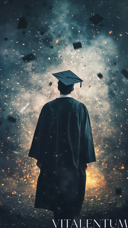 Graduate walks into a glowing storm of limitless futures